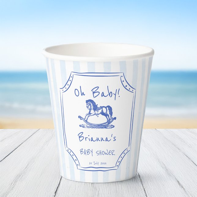 Oh baby blue rocking horse sketch baby shower paper cups (Oh baby blue rocking horse handrawn sketch vintage western baby shower personalized paper cups)