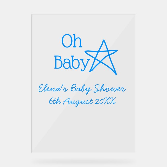 Oh baby blue star baby shower add name modern past acrylic sign (Front)
