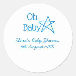 Oh baby blue star baby shower add name modern past classic round sticker