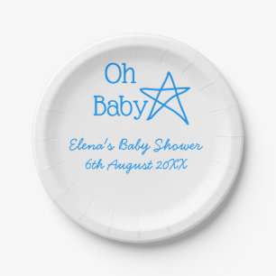 Oh baby blue star baby shower add name modern past paper plate