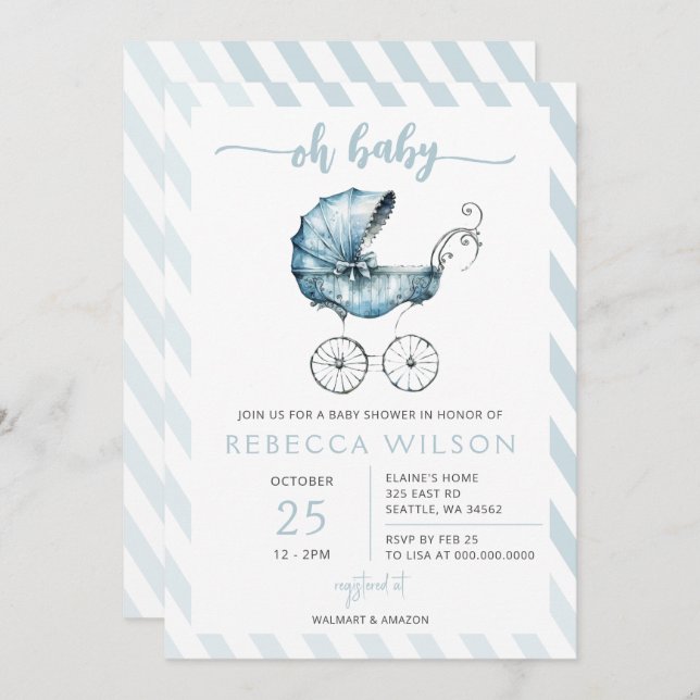 Oh Baby Blue Stroller Pram Boy Baby Shower  Invitation (Front/Back)