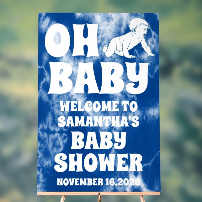 Oh Baby Blue Tie Dye Boy Baby Shower Welcome Acrylic Sign (Neutral)