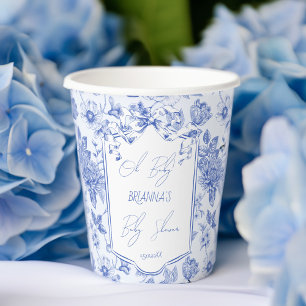 Oh baby blue toile de jouy bow baby shower paper cups