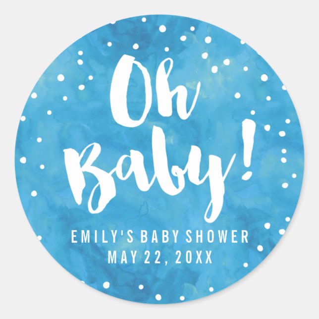 Oh Baby Blue Watercolor Baby Shower Classic Round Sticker (Front)