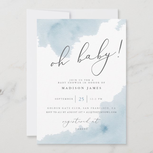 Oh Baby Blue Watercolor Baby Shower Invite (Front)