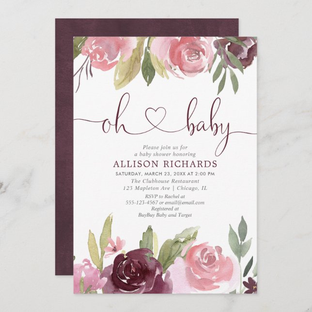 Oh baby Blush burgundy girl baby shower floral Invitation (Front/Back)