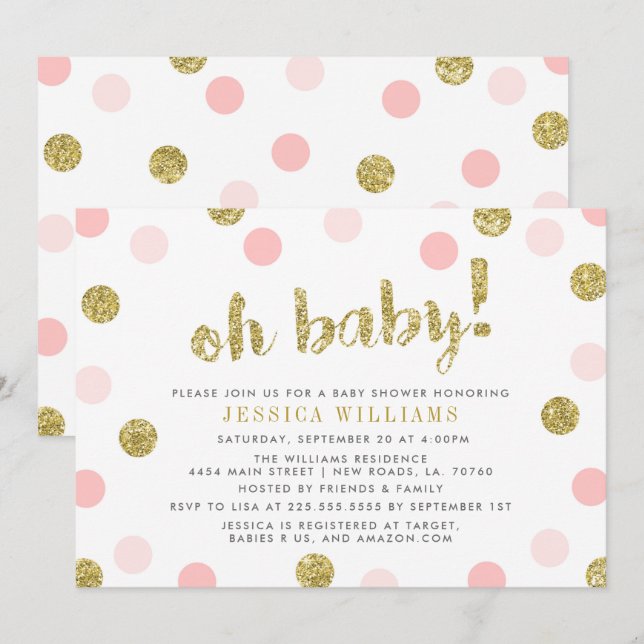 Oh Baby Blush Pink and Gold Baby Shower Invitation (Front/Back)