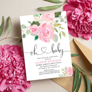 Oh Baby Blush pink baby shower floral watercolors Invitation