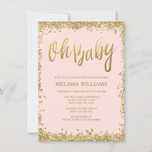 Oh Baby Blush Pink Gold Glitter Baby Shower Invitation (Front)