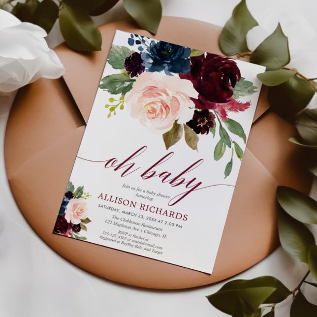 Oh Baby blush pink marsala navy blue baby shower Invitation (Creator Uploaded)