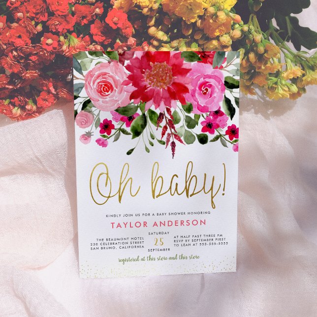 Oh Baby Blush Pink & Red Floral Baby Girl Shower Invitation (Creator Uploaded)
