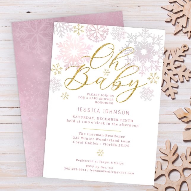 Oh Baby Blush Pink Snowflake Shower Invite (Oh Baby Winter Wonderland Baby Shower - Pink & Glitter Gold)