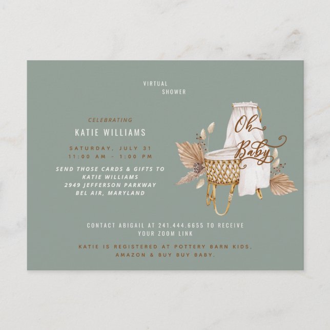 Oh Baby Boho Bassinet Sage Virtual Shower Announcement Postcard (Front)