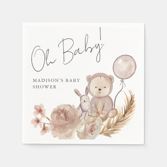 Oh Baby Boho Botanical with Sweet Bear Baby Shower Napkin (Front)