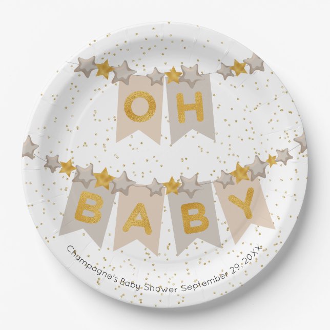 Oh Baby Boho Bunting Flags Baby Shower Paper Plate (Front)