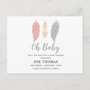 Oh Baby Boho Feathers Baby Shower Save The Date Invitation Postcard