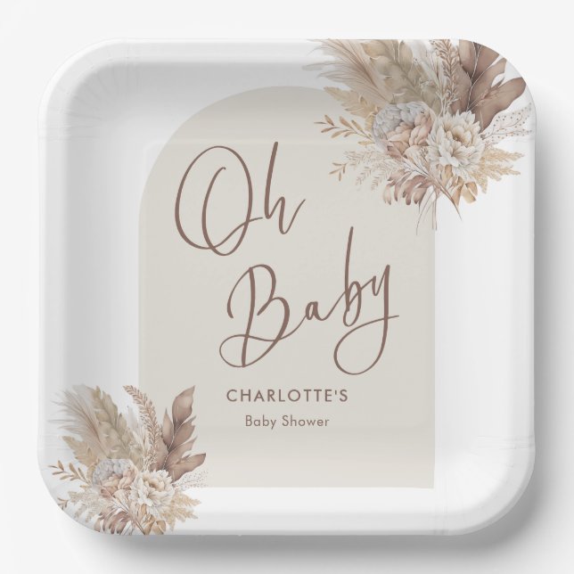 Oh Baby Boho Pampas Grass Neutral Baby Shower Paper Plate (Front)