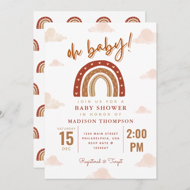 Oh Baby Boho Terracotta Rainbow Clouds Baby Shower Invitation (Front/Back)