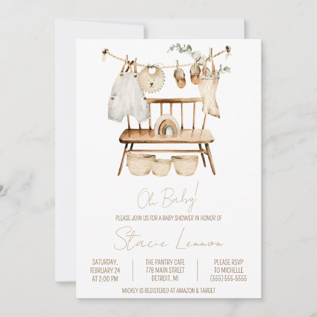Oh Baby! Boho, Unisex, Clothesline Baby Shower Invitation (Front)