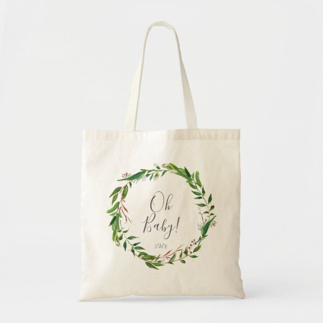 Oh Baby Botanical Boho Laurel Wreath Monogram Tote Bag (Front)