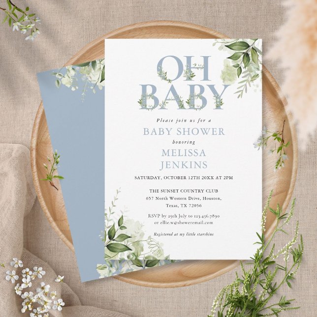 Oh Baby Botanical Greenery Dusty Blue Baby Shower Invitation (Creator Uploaded)