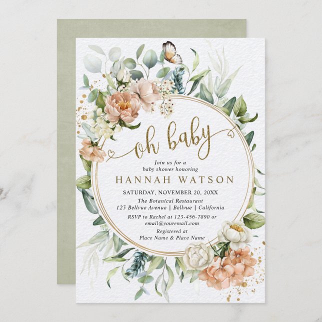 Oh Baby Botanical Rose Eucalyptus Baby Shower Invitation (Front/Back)