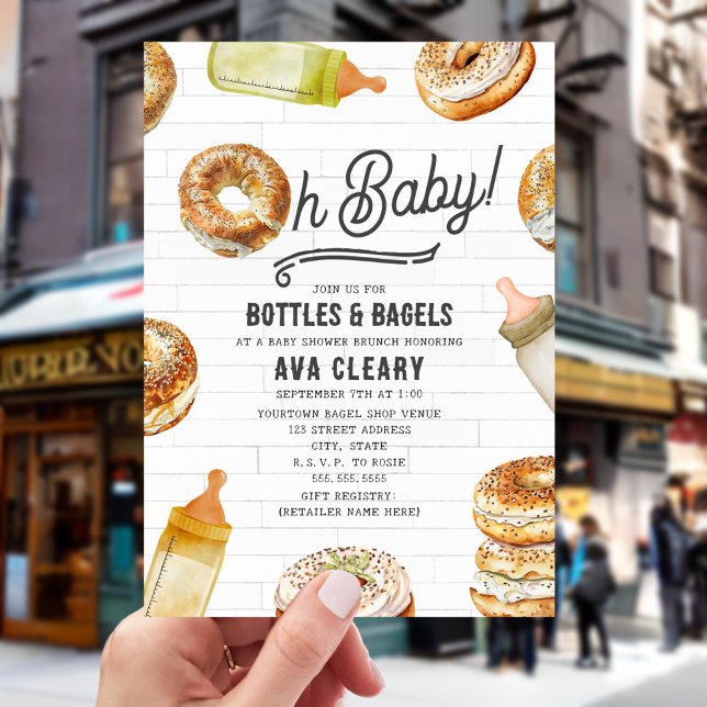 Oh Baby Bottles & Bagels Baby Shower Brunch Invitation (Creator Uploaded)