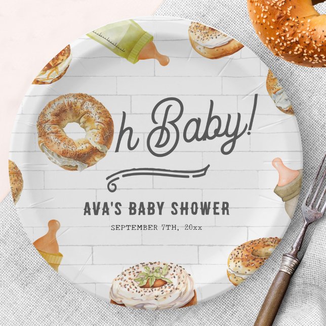Oh Baby Bottles & Bagels Baby Shower Brunch Paper Plate (Creator Uploaded)