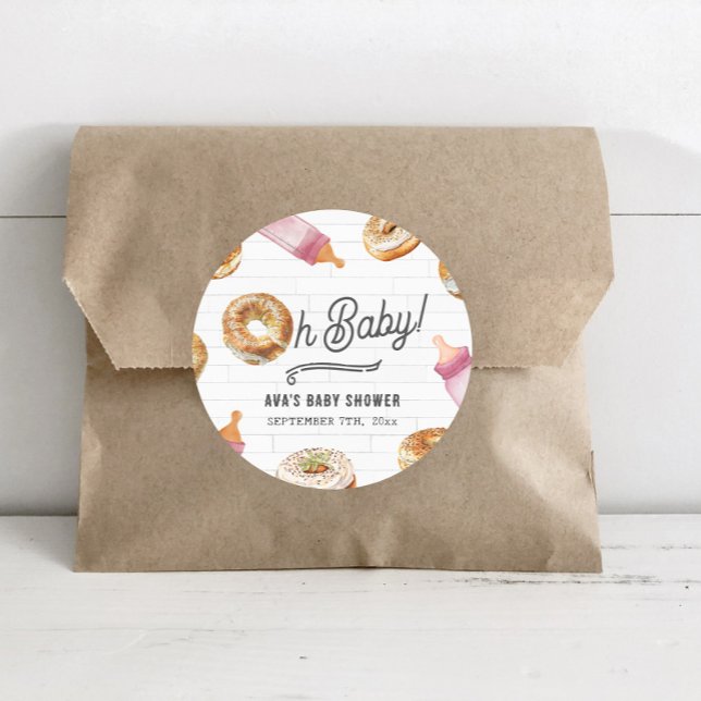 Oh Baby Bottles & Bagels Girl Baby Shower Brunch Classic Round Sticker (Creator Uploaded)