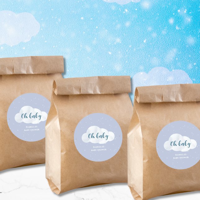 Oh Baby Boy Blue Clouds Sky Stars Baby Shower Classic Round Sticker (oh baby clouds boy baby shower blue stars sky)