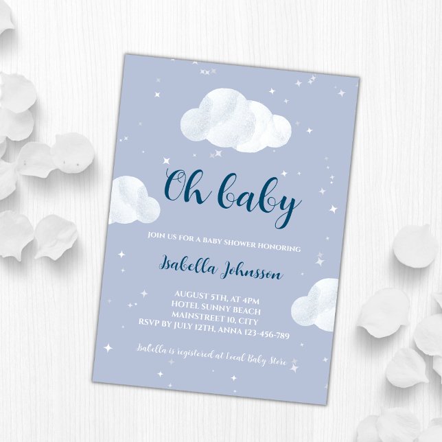 Oh Baby Boy Blue Clouds Sky Stars Baby Shower Invitation (oh baby boy blue clouds baby shower invitation)