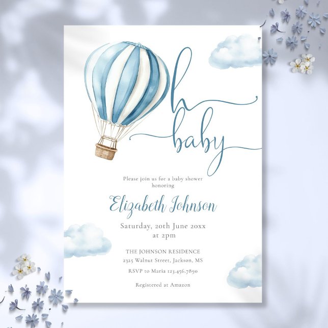 Oh Baby Boy Blue Hot Air Balloon Baby Shower Invitation (Oh Baby Boy Blue Hot Air Balloon Baby Shower Invitation)