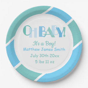 Oh Baby Boy Blue Typography Baby Shower Paper Plate