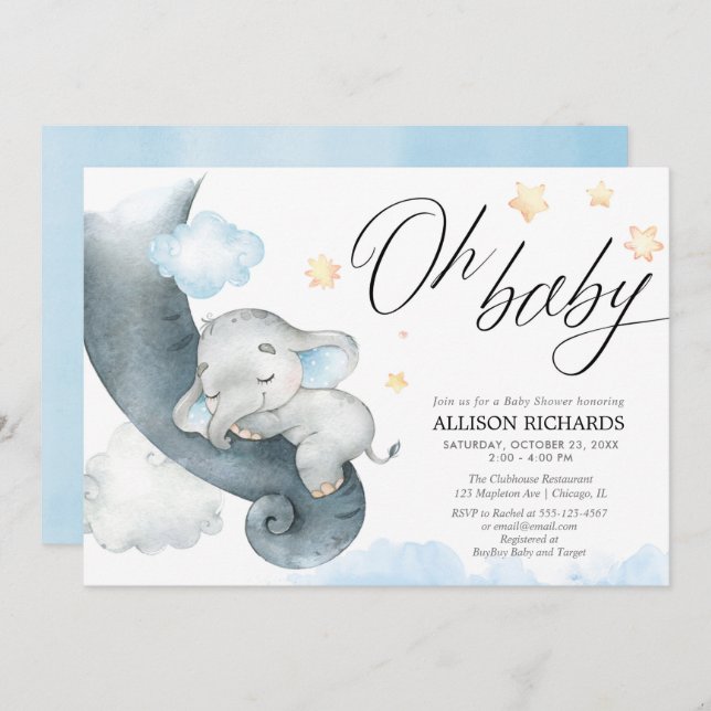 Oh baby boy elephant blue yellow baby shower invitation (Front/Back)