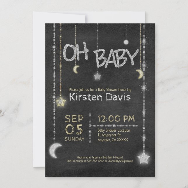 Oh Baby Boy Girl Chalkboard Moon Stars Baby Shower Invitation (Front)