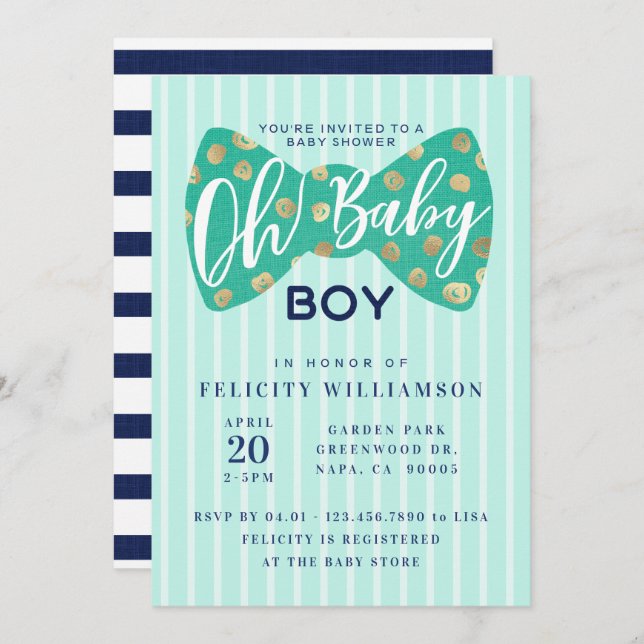 Oh Baby Boy Green & Navy Bow Tie Shower Invitation (Front/Back)