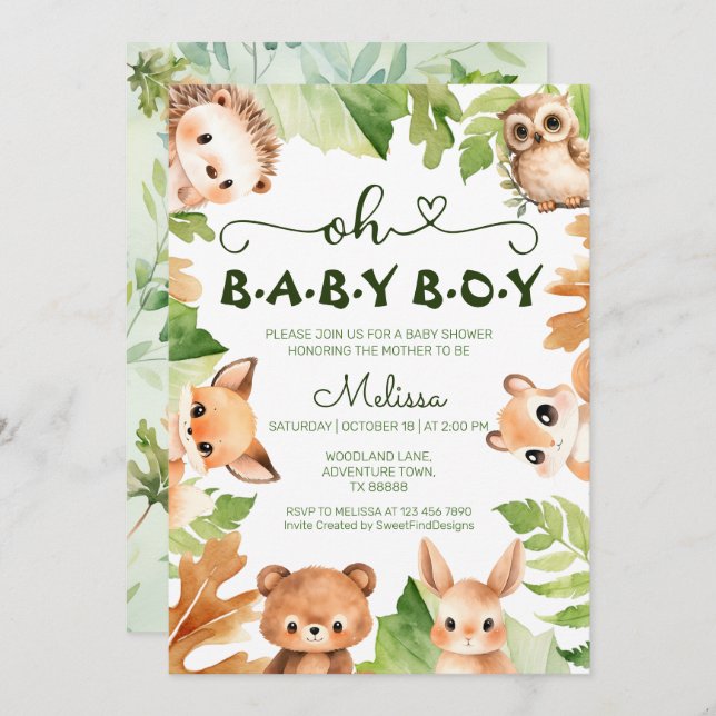 Oh Baby Boy Spring Forest Animals Baby Shower Invitation (Front/Back)