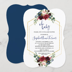 Oh BABY Burgundy Floral Gold Hexagon Baby Shower Invitation