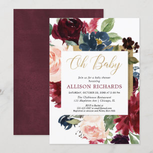 Oh baby Burgundy gold fall floral girl baby shower Invitation