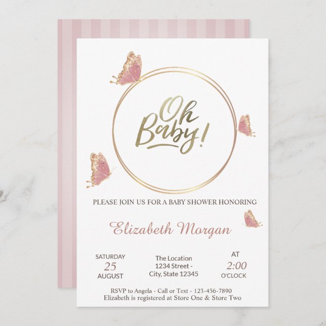 Oh Baby Butterflies Striped Baby Shower   Invitation (Front/Back)