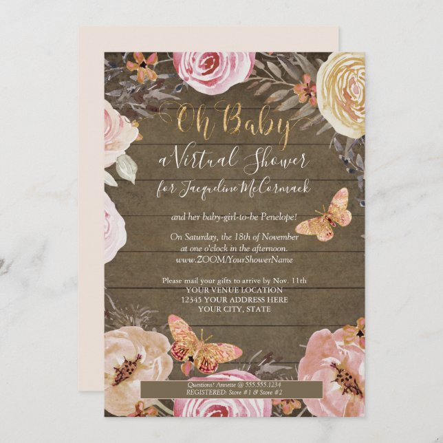 Oh Baby Butterfly Floral Rustic Wood Baby Shower Invitation (Front/Back)
