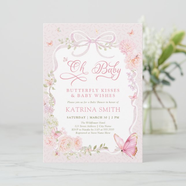 Oh Baby Butterfly Kisses Pink Baby Shower Invitation (Standing Front)