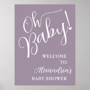 Oh Baby! Calligraphy Baby Shower Purple Welcome Poster