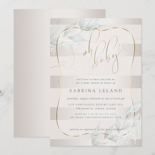 OH Baby! Calligraphy Ombré Taupe Stripes Invitation (Front/Back)