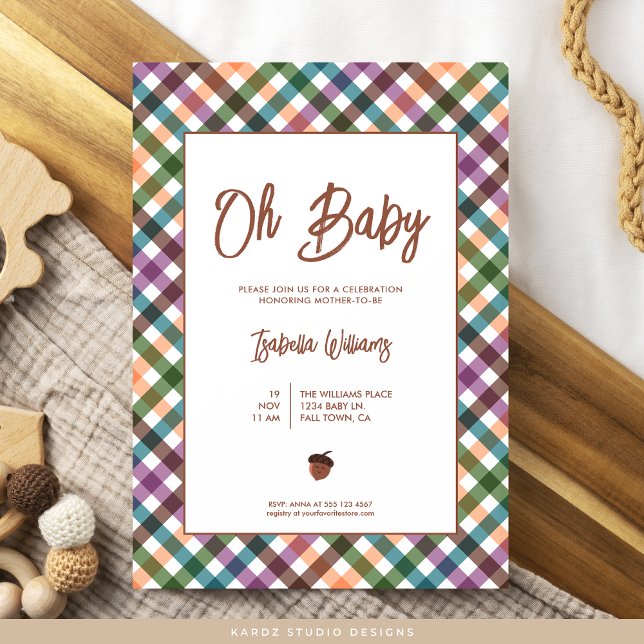 Oh Baby Chequered Baby Shower Invitation (Invite shown in 5 x 7 inches, choose size, paper and corner style. Buy print or digital invitations.)