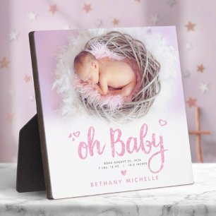 Oh Baby, Chic Sweet Girl Birth Photo Pink Keepsake Plaque