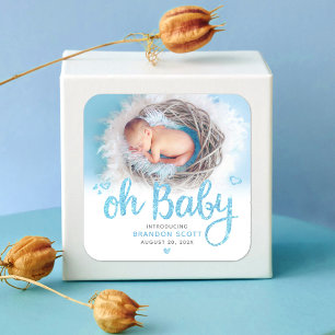 “Oh Baby” Chic Sweet Modern Boy Birth Photo, Blue Square Sticker