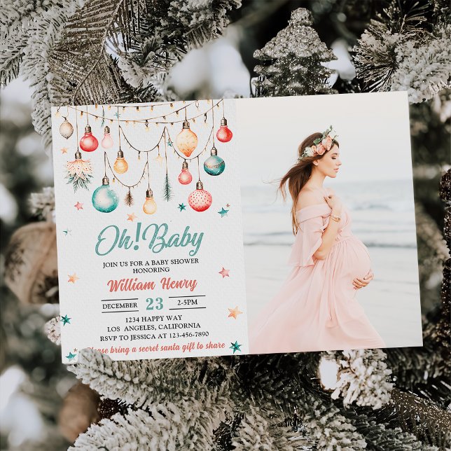 Oh! Baby Christmas Ball Ornament Baby Shower Photo Invitation (Creator Uploaded)