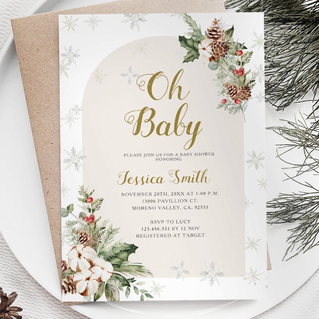  Oh Baby Christmas Floral Snowflakes Baby Shower Invitation (Creator Uploaded)