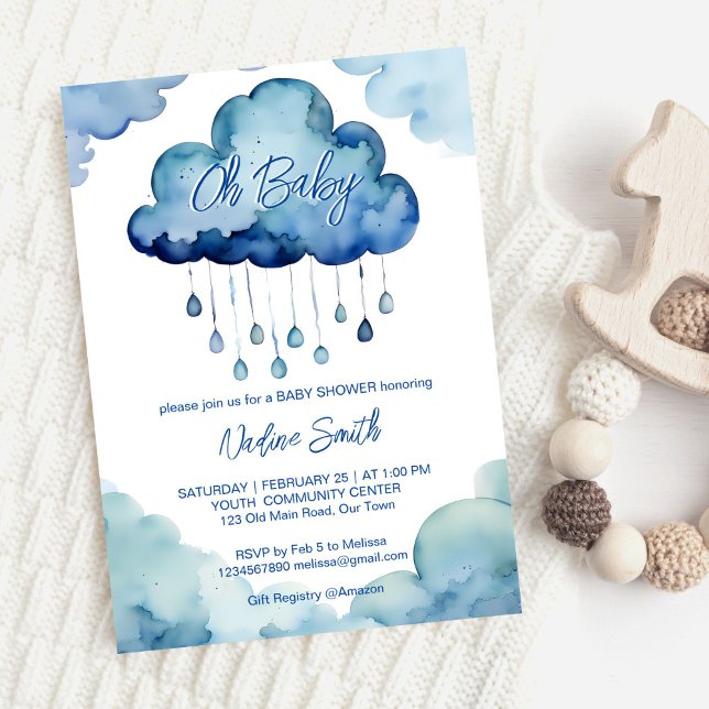 Oh Baby cloud baby shower template (Oh Baby cloud baby shower template invitation digital download cute blue clouds raindrops whimsical)